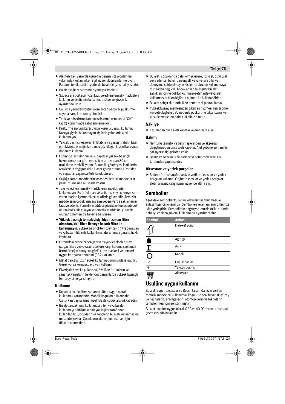 Semboller, Usulüne uygun kullan m | Bosch GHP 8-15 XD Professional User Manual | Page 75 / 182