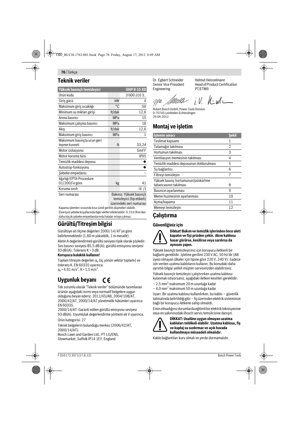 Teknik veriler gürültü/titreşim bilgisi, Uygunluk beyan, Montaj ve işletim çal şt rma | Bosch GHP 8-15 XD Professional User Manual | Page 76 / 182