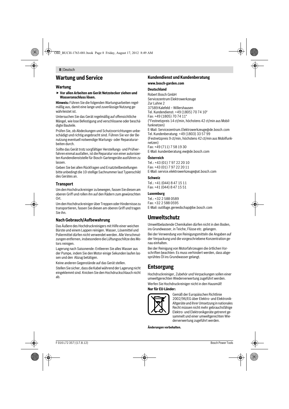 Wartung und service, Umweltschutz, Entsorgung | Bosch GHP 8-15 XD Professional User Manual | Page 8 / 182