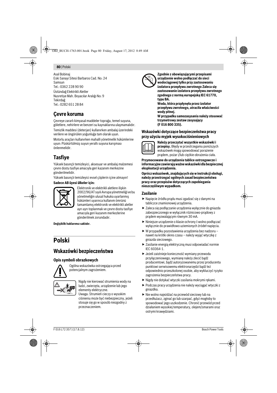 Polski, Çevre koruma, Tasfiye | Wskazówki bezpieczeństwa | Bosch GHP 8-15 XD Professional User Manual | Page 80 / 182