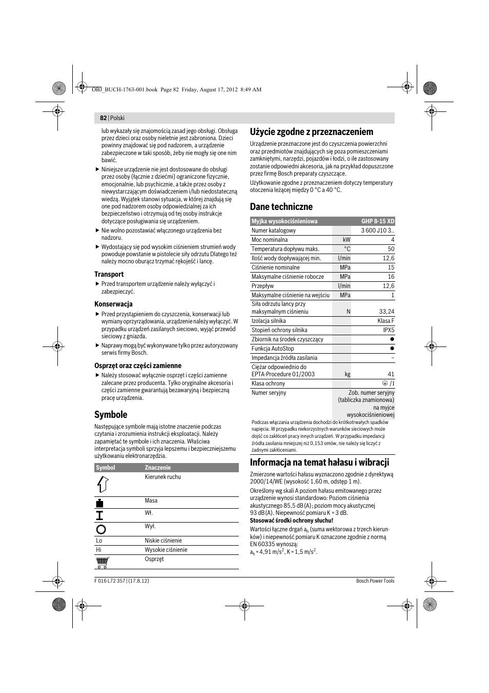 Symbole, Użycie zgodne z przeznaczeniem | Bosch GHP 8-15 XD Professional User Manual | Page 82 / 182