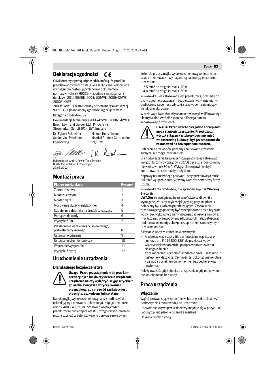 Deklaracja zgodności, Montaż i praca uruchomienie urządzenia, Praca urządzenia | Bosch GHP 8-15 XD Professional User Manual | Page 83 / 182