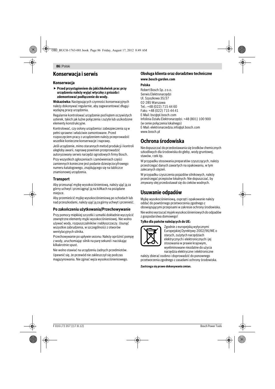 Konserwacja i serwis, Ochrona środowiska, Usuwanie odpadów | Bosch GHP 8-15 XD Professional User Manual | Page 86 / 182