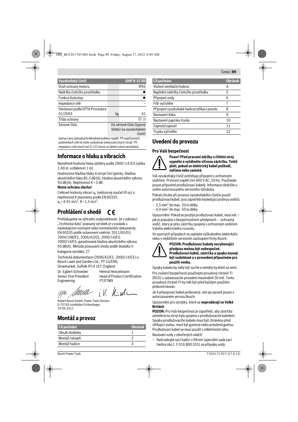 Informace o hluku a vibracích, Prohlášení o shodě, Montáž a provoz uvedení do provozu | Bosch GHP 8-15 XD Professional User Manual | Page 89 / 182