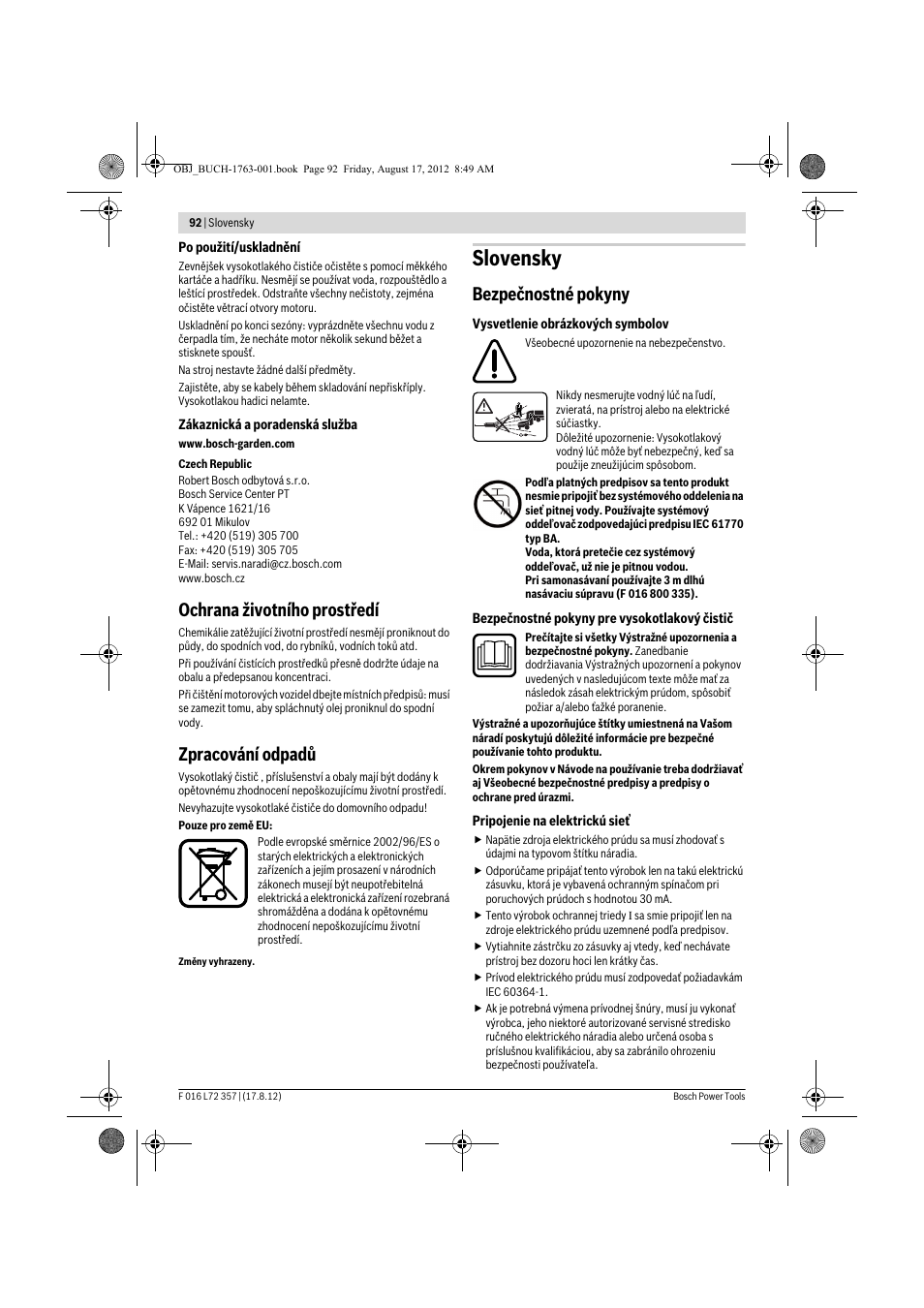 Slovensky, Ochrana životního prostředí, Zpracování odpadů | Bezpečnostné pokyny | Bosch GHP 8-15 XD Professional User Manual | Page 92 / 182
