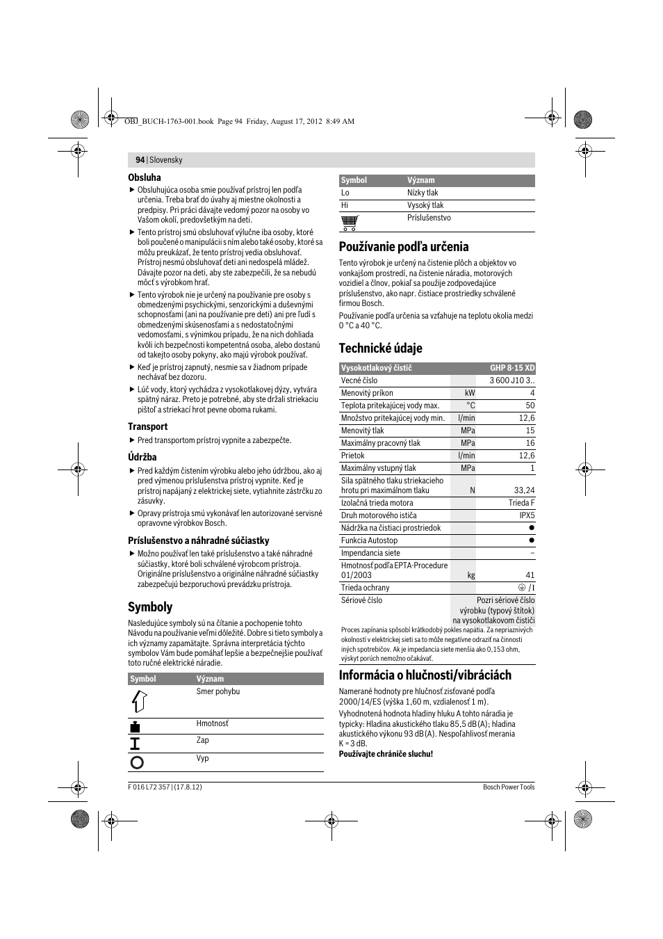 Symboly, Používanie podľa určenia, Technické údaje informácia o hlučnosti/vibráciách | Bosch GHP 8-15 XD Professional User Manual | Page 94 / 182