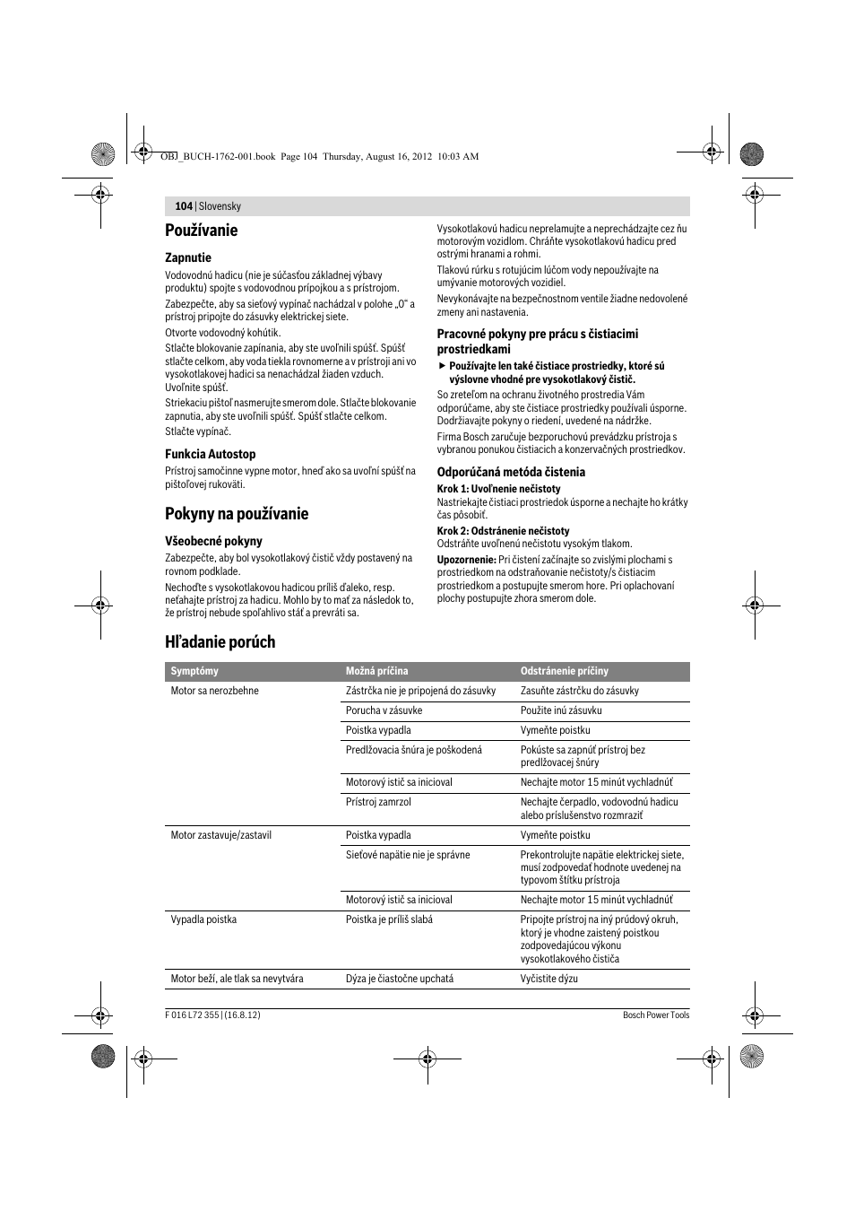 Používanie, Pokyny na používanie, Hľadanie porúch | Bosch GHP 5-14 User Manual | Page 104 / 198