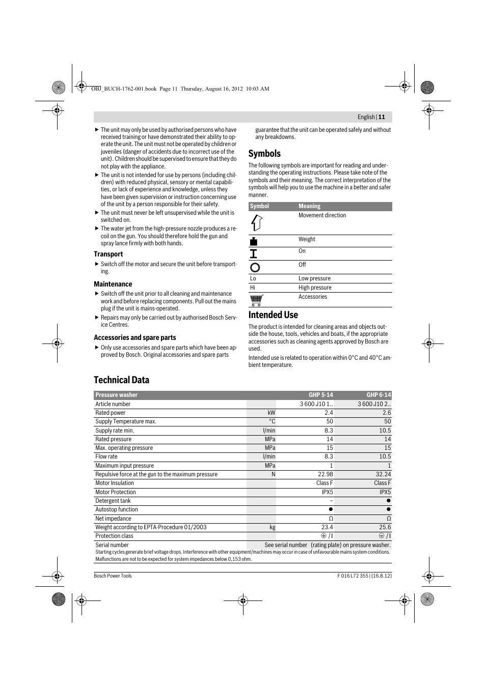 Symbols, Intended use, Technical data | Bosch GHP 5-14 User Manual | Page 11 / 198
