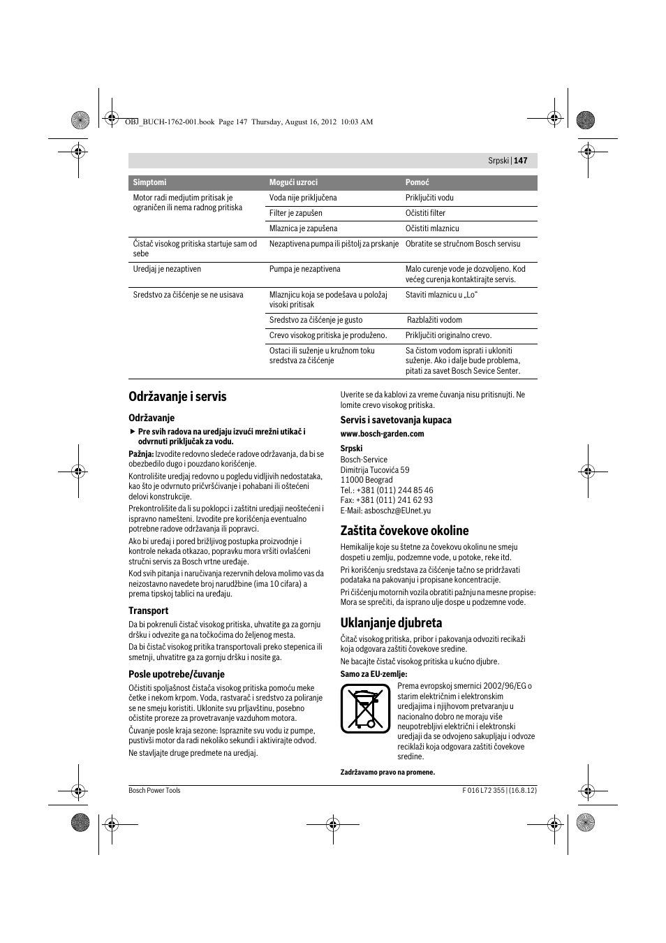 Održavanje i servis, Zaštita čovekove okoline, Uklanjanje djubreta | Bosch GHP 5-14 User Manual | Page 147 / 198