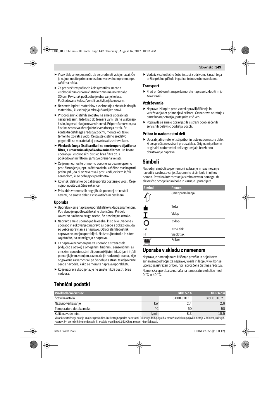 Simboli, Uporaba v skladu z namenom, Tehnični podatki | Bosch GHP 5-14 User Manual | Page 149 / 198