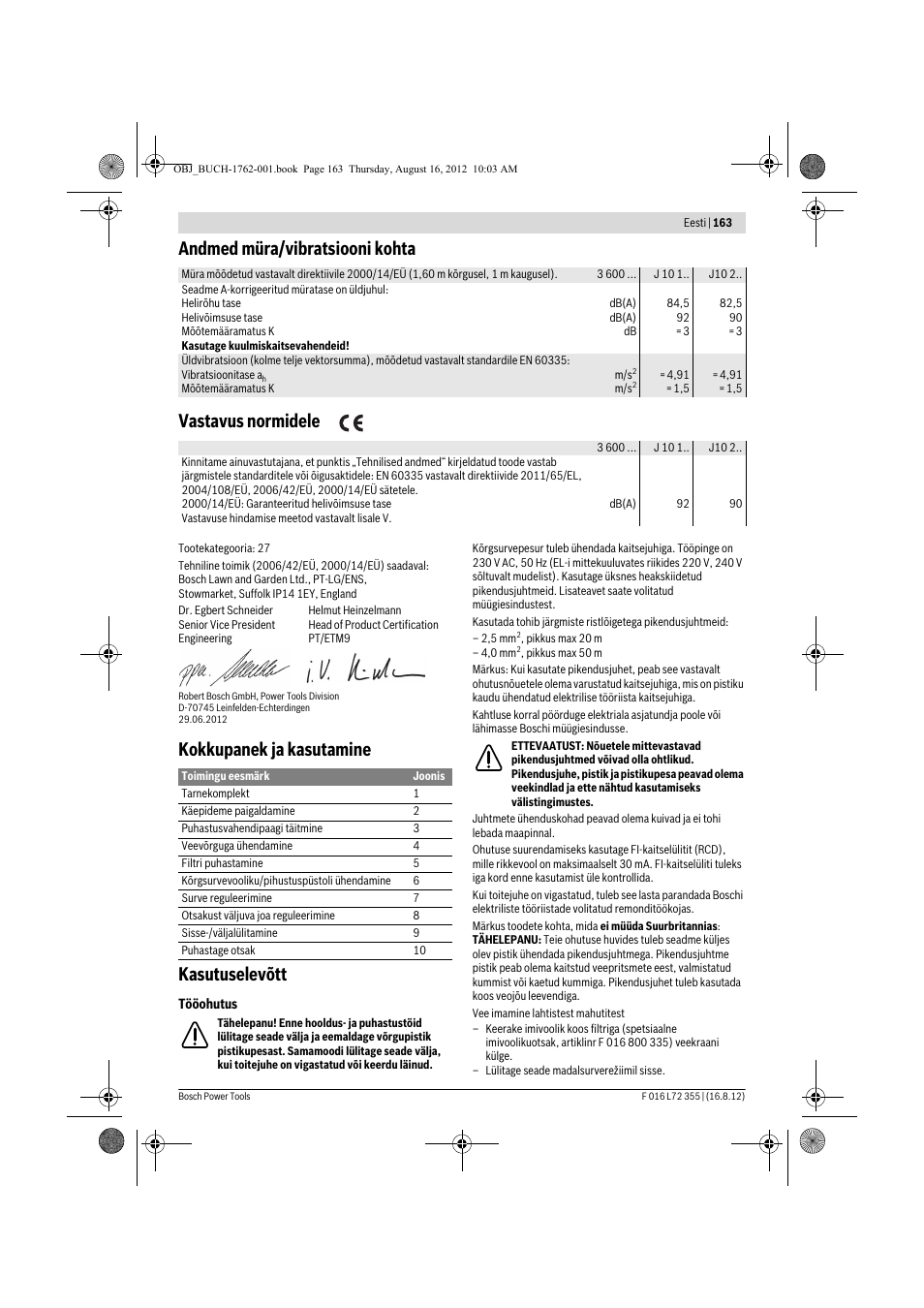 Andmed müra/vibratsiooni kohta vastavus normidele, Kokkupanek ja kasutamine kasutuselevõtt | Bosch GHP 5-14 User Manual | Page 163 / 198