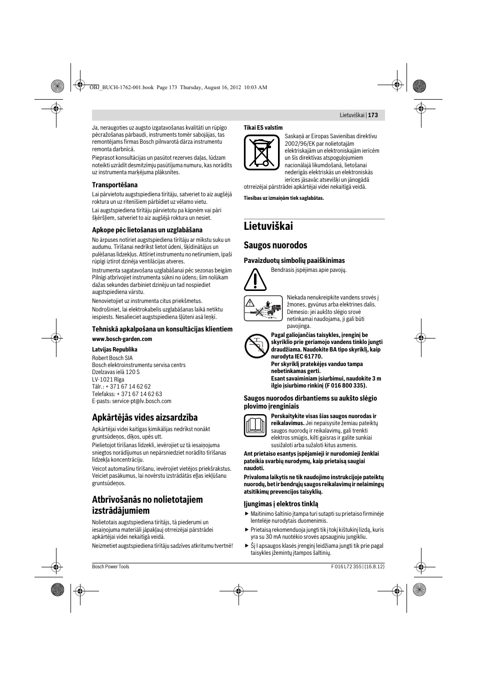 Lietuviškai, Apkārtējās vides aizsardzība, Atbrīvošanās no nolietotajiem izstrādājumiem | Saugos nuorodos | Bosch GHP 5-14 User Manual | Page 173 / 198
