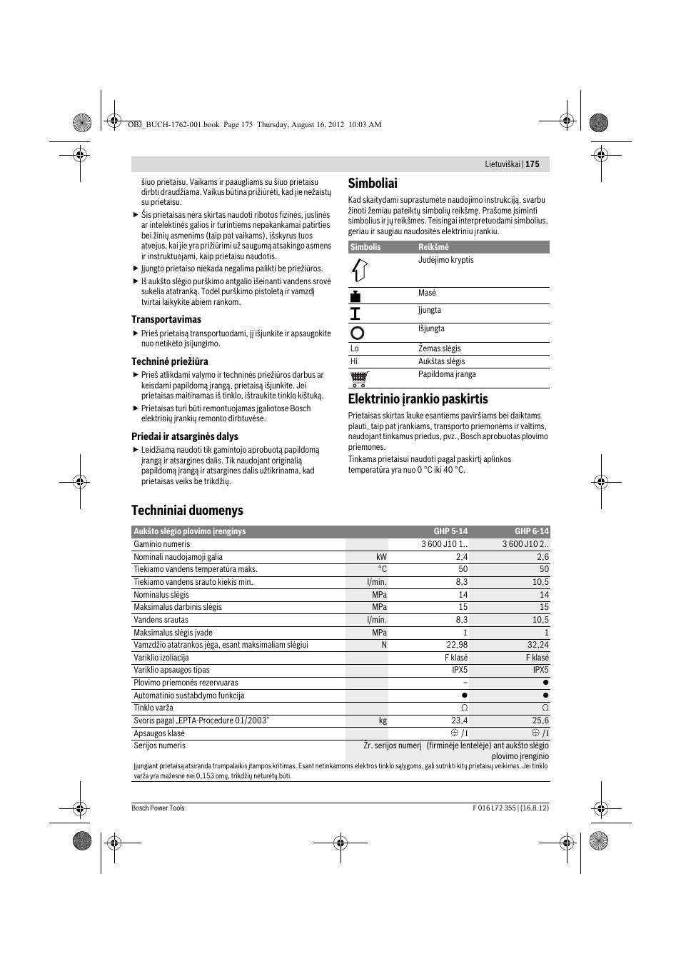 Simboliai, Elektrinio įrankio paskirtis, Techniniai duomenys | Bosch GHP 5-14 User Manual | Page 175 / 198