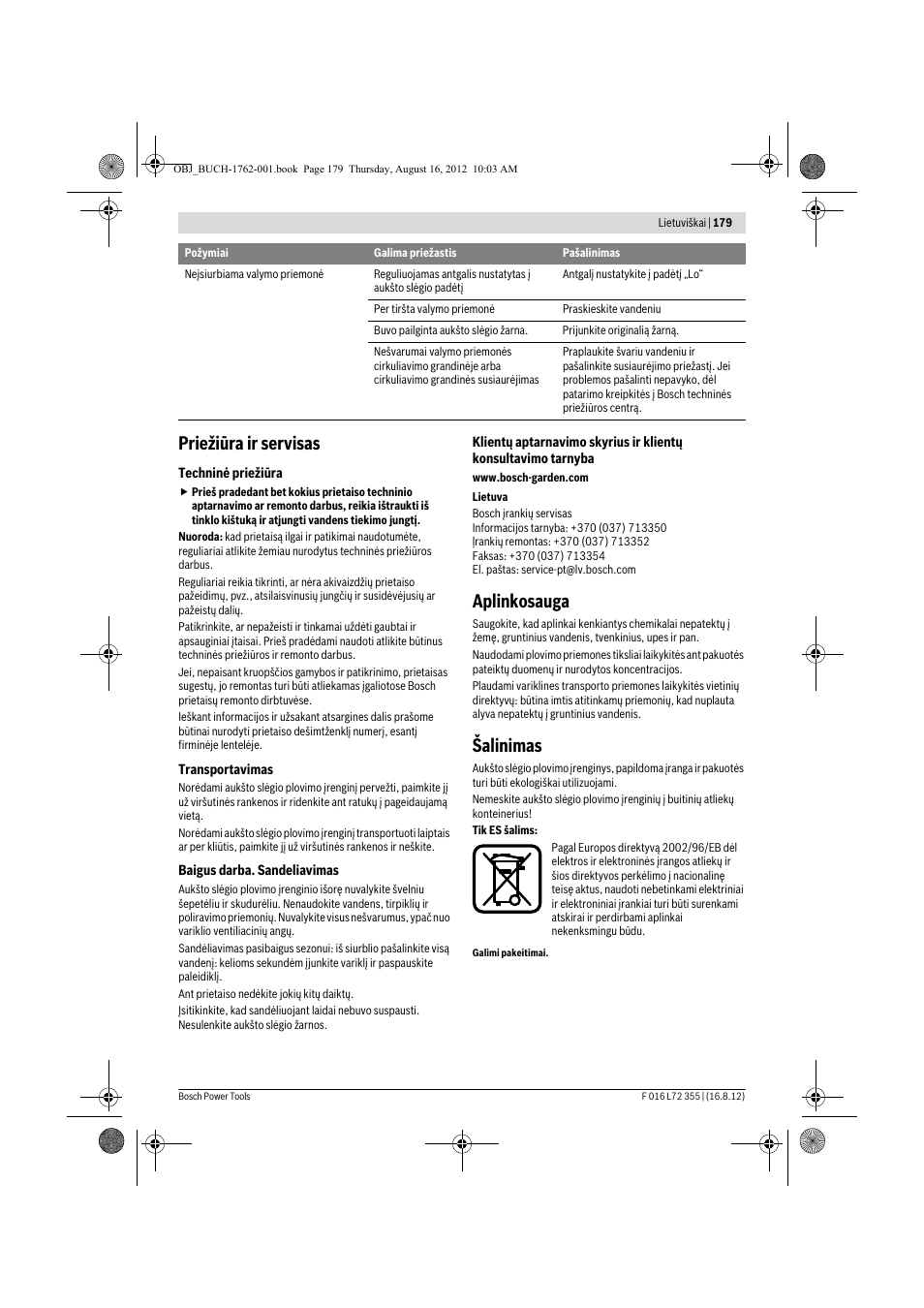 Priežiūra ir servisas, Aplinkosauga, Šalinimas | Bosch GHP 5-14 User Manual | Page 179 / 198