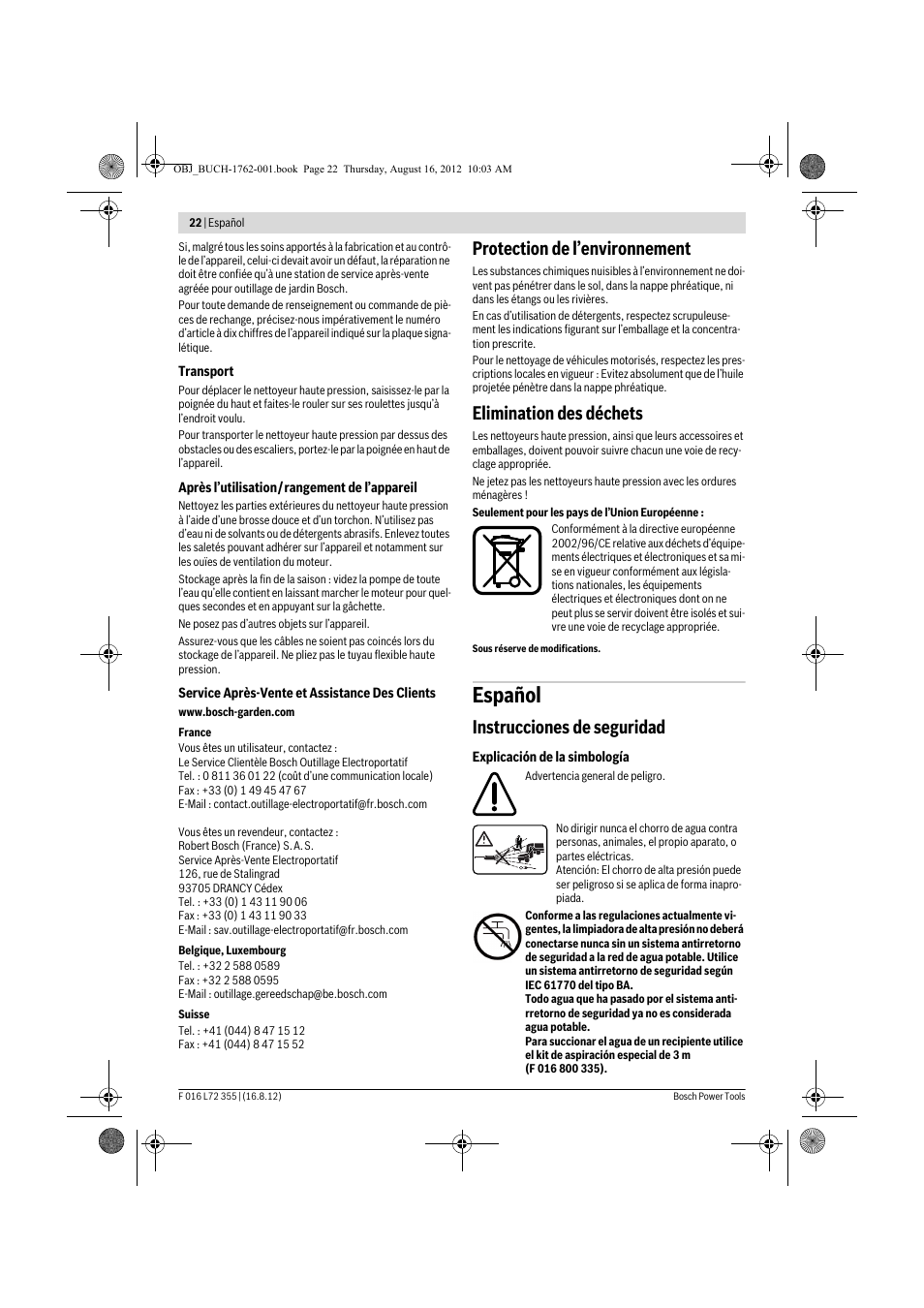 Español, Protection de l’environnement, Elimination des déchets | Instrucciones de seguridad | Bosch GHP 5-14 User Manual | Page 22 / 198