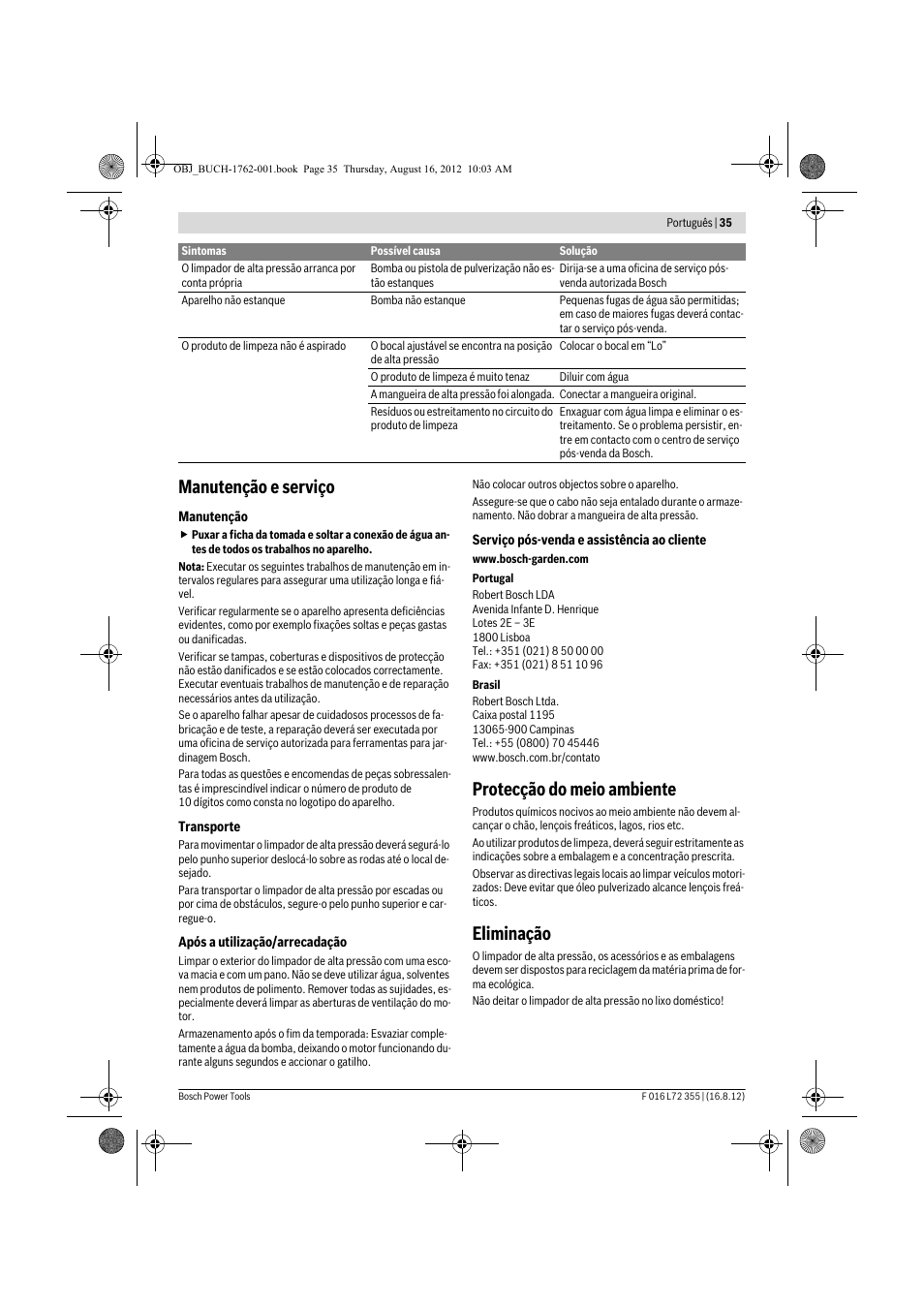 Manutenção e serviço, Protecção do meio ambiente, Eliminação | Bosch GHP 5-14 User Manual | Page 35 / 198