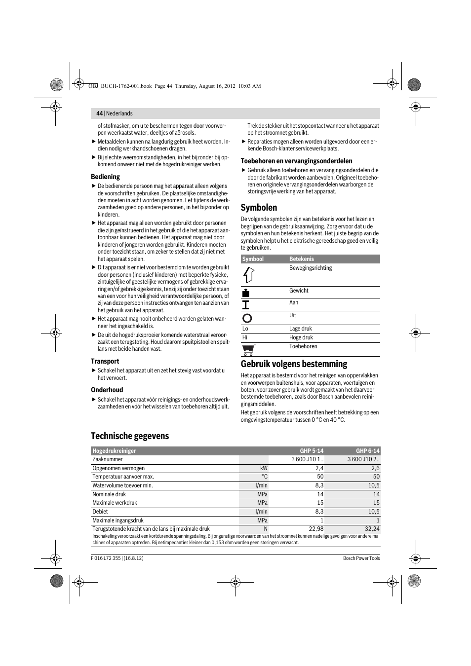 Symbolen, Gebruik volgens bestemming, Technische gegevens | Bosch GHP 5-14 User Manual | Page 44 / 198