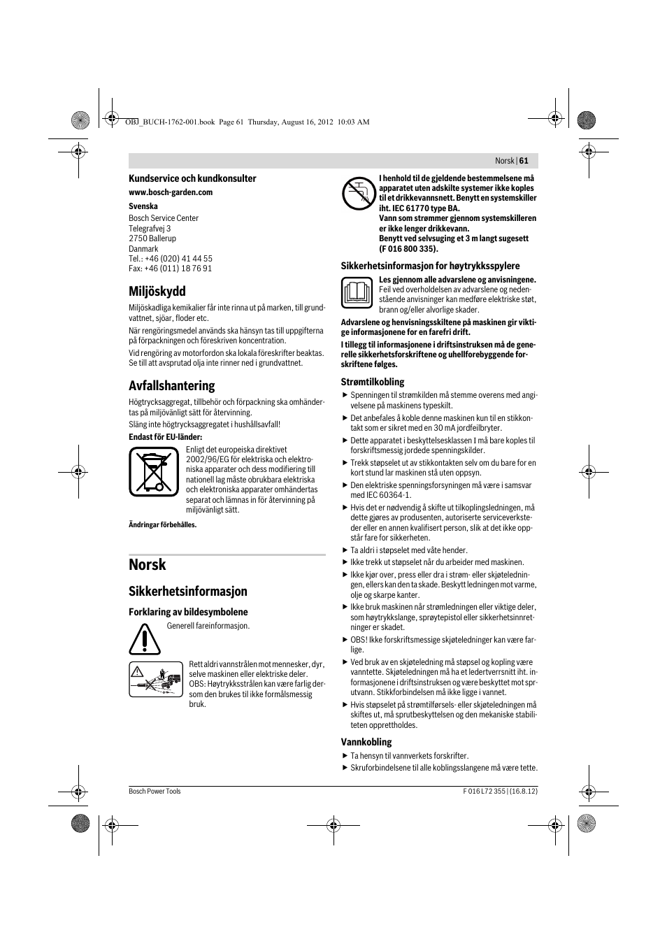 Norsk, Miljöskydd, Avfallshantering | Sikkerhetsinformasjon | Bosch GHP 5-14 User Manual | Page 61 / 198