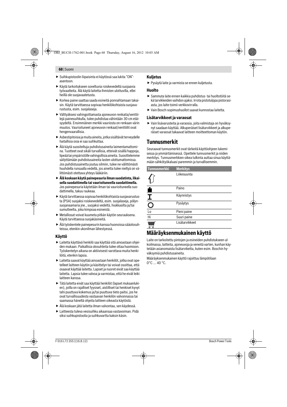 Tunnusmerkit, Määräyksenmukainen käyttö | Bosch GHP 5-14 User Manual | Page 68 / 198