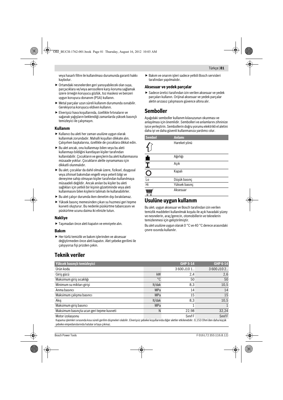 Semboller, Usulüne uygun kullan m, Teknik veriler | Bosch GHP 5-14 User Manual | Page 81 / 198