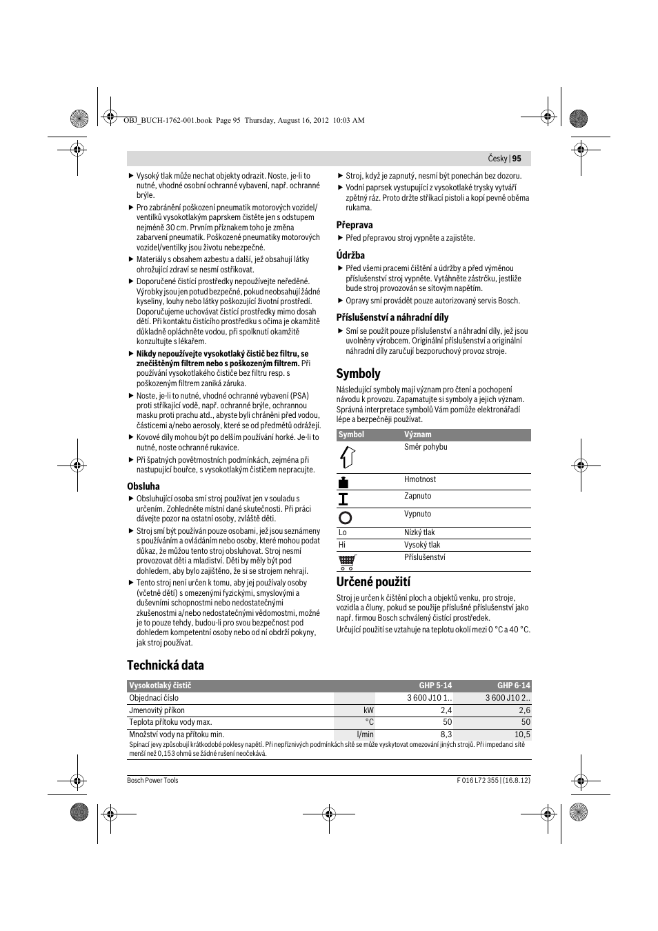 Symboly, Určené použití, Technická data | Bosch GHP 5-14 User Manual | Page 95 / 198