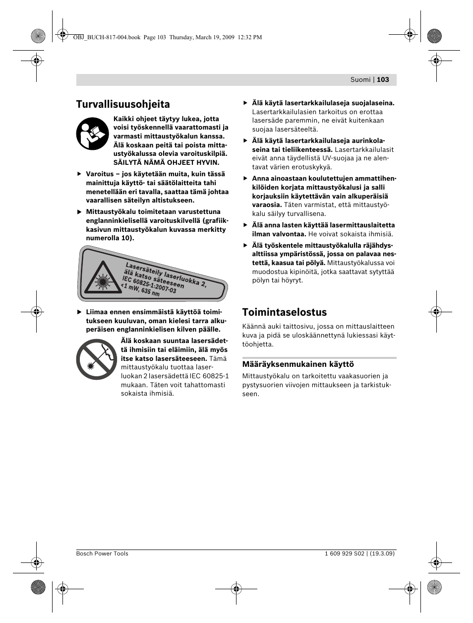 Turvallisuusohjeita, Toimintaselostus | Bosch GLL 2-50 Professional User Manual | Page 103 / 333