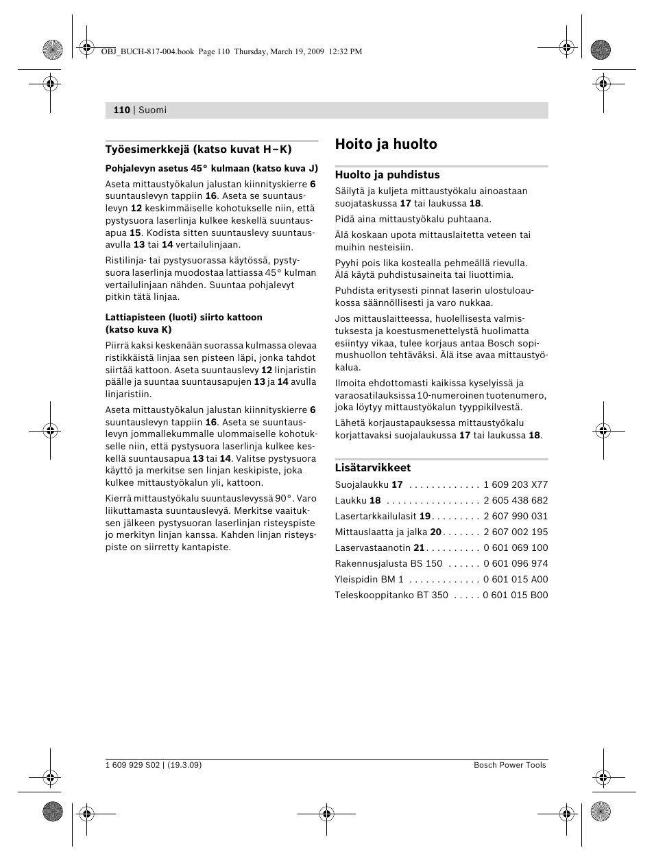 Hoito ja huolto | Bosch GLL 2-50 Professional User Manual | Page 110 / 333