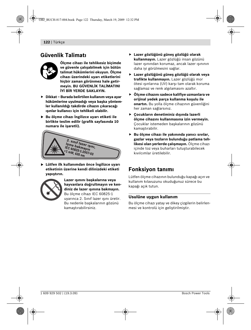 Güvenlik talimat, Fonksiyon tan m | Bosch GLL 2-50 Professional User Manual | Page 122 / 333