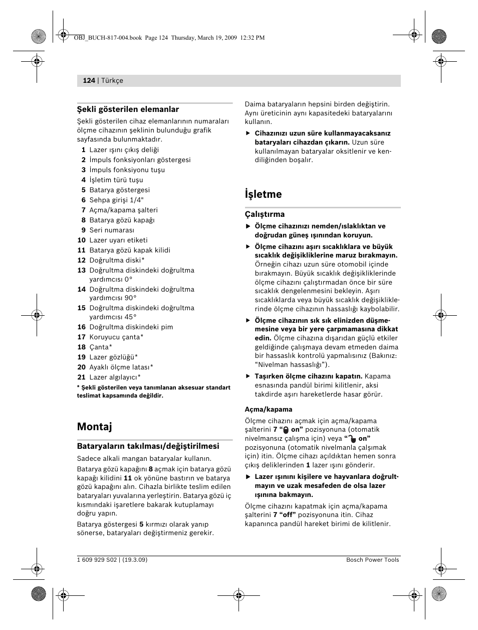 Montaj, Işletme | Bosch GLL 2-50 Professional User Manual | Page 124 / 333