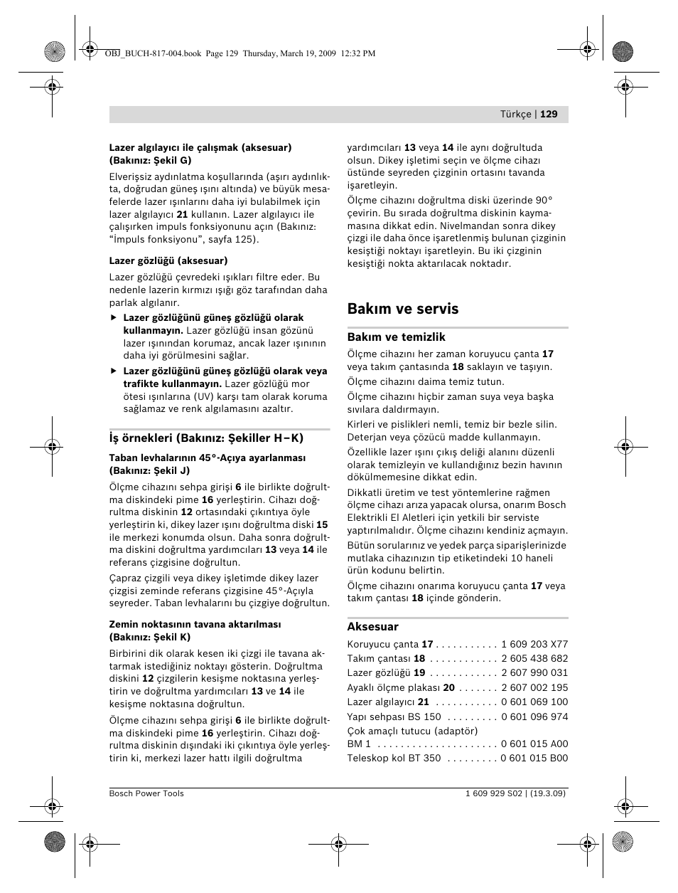 Bak m ve servis | Bosch GLL 2-50 Professional User Manual | Page 129 / 333