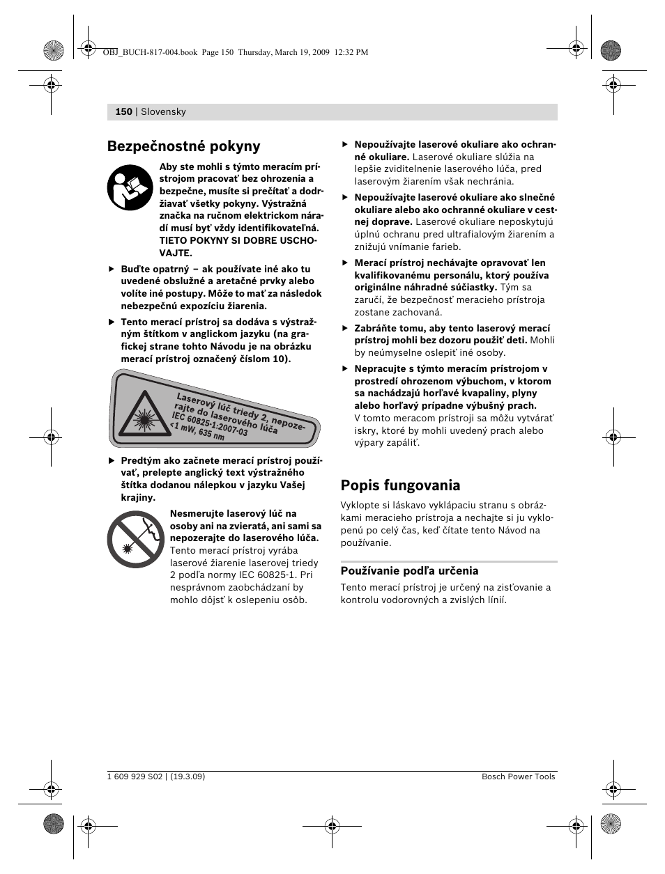 Bezpečnostné pokyny, Popis fungovania | Bosch GLL 2-50 Professional User Manual | Page 150 / 333