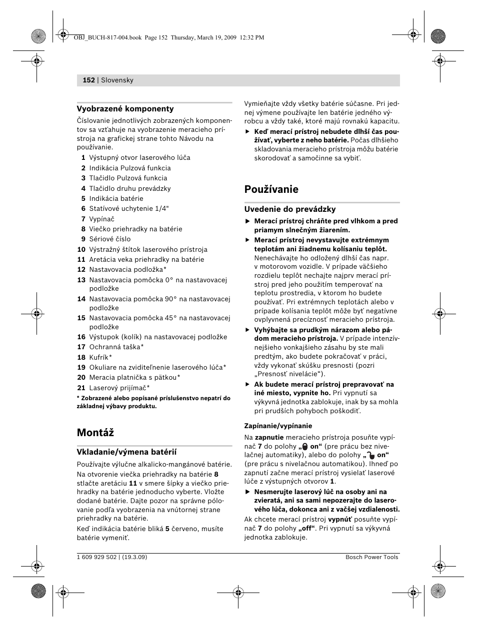 Montáž, Používanie | Bosch GLL 2-50 Professional User Manual | Page 152 / 333