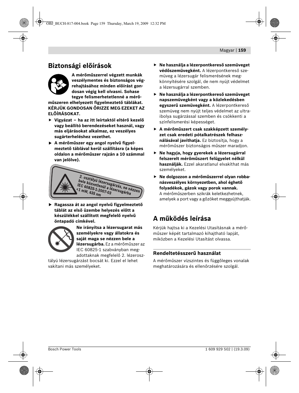 Biztonsági előírások, A működés leírása | Bosch GLL 2-50 Professional User Manual | Page 159 / 333