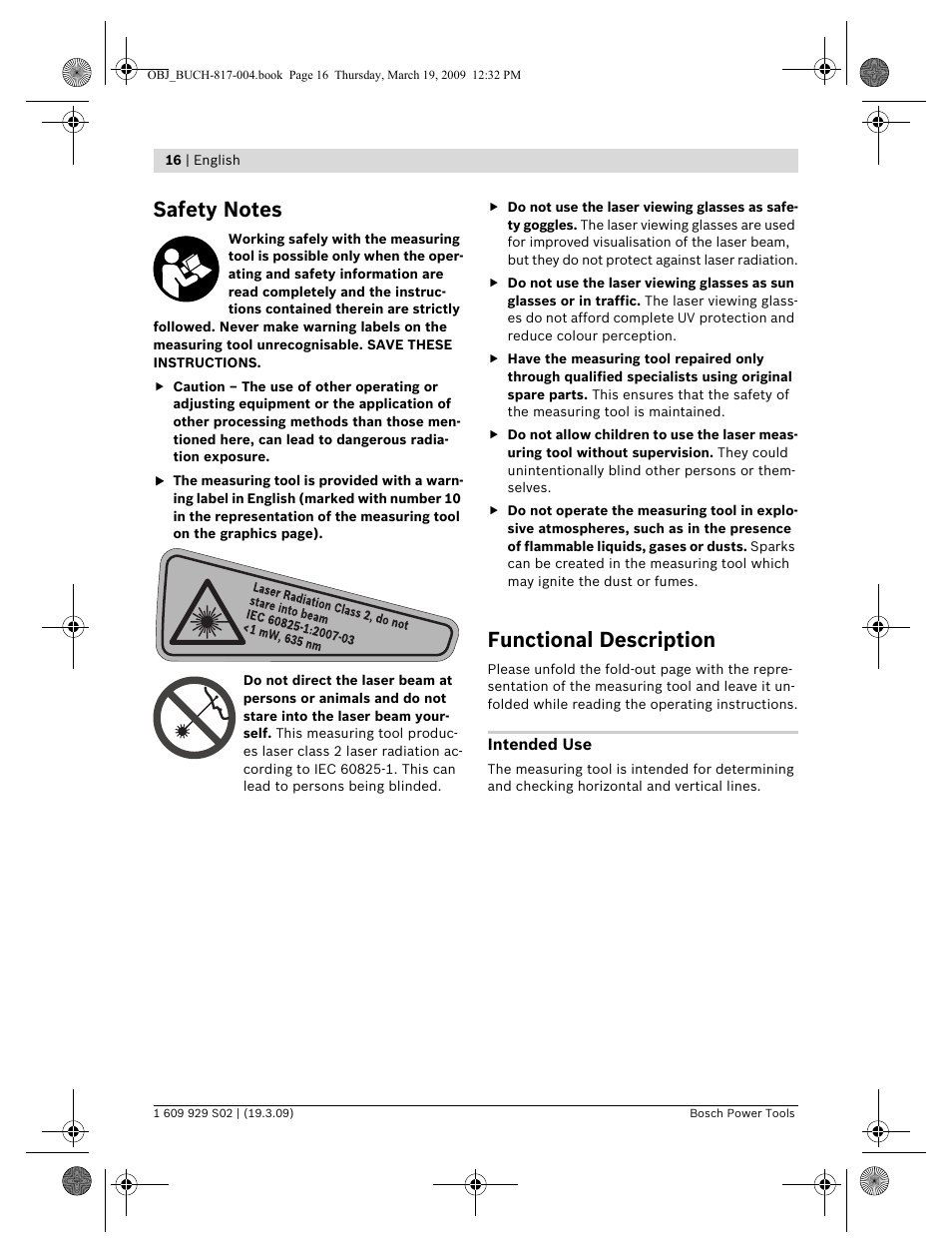 Functional description | Bosch GLL 2-50 Professional User Manual | Page 16 / 333