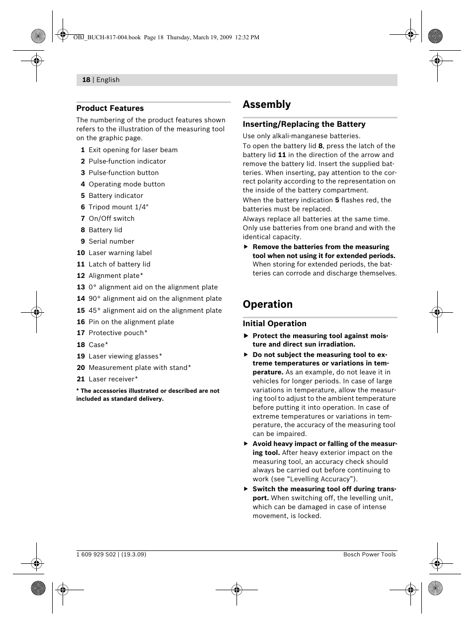 Assembly, Operation | Bosch GLL 2-50 Professional User Manual | Page 18 / 333