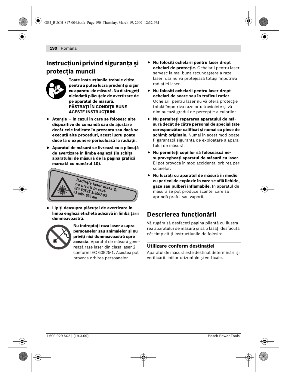 Instrucţiuni privind siguranţa şi protecţia muncii, Descrierea funcţionării | Bosch GLL 2-50 Professional User Manual | Page 190 / 333