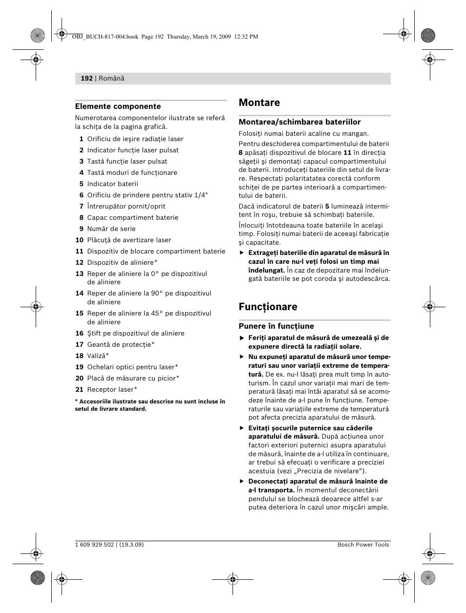 Montare, Funcţionare | Bosch GLL 2-50 Professional User Manual | Page 192 / 333