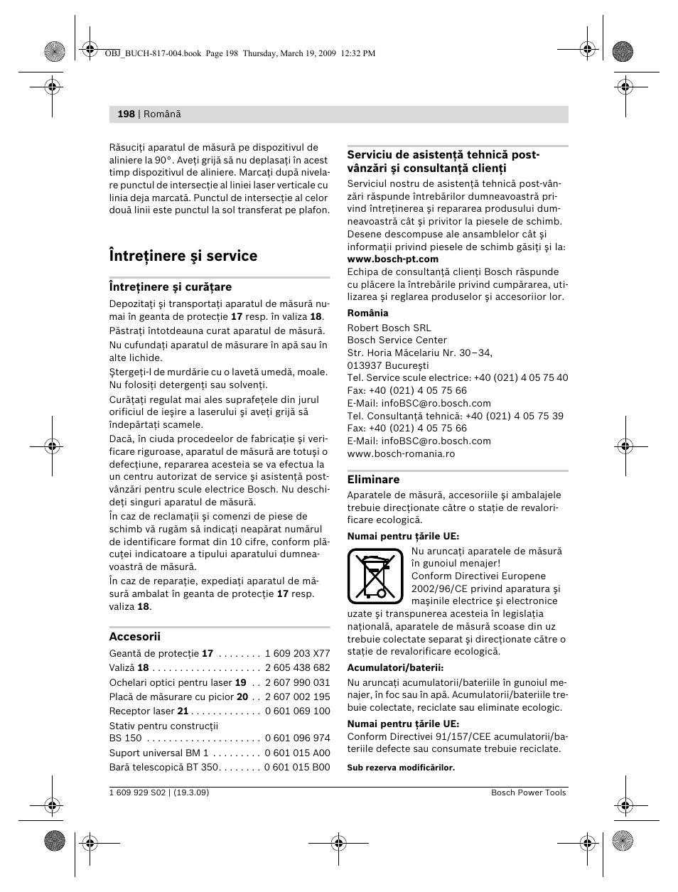 Întreţinere şi service | Bosch GLL 2-50 Professional User Manual | Page 198 / 333