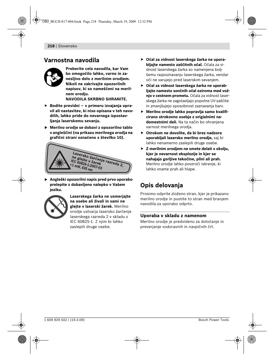 Varnostna navodila, Opis delovanja | Bosch GLL 2-50 Professional User Manual | Page 218 / 333