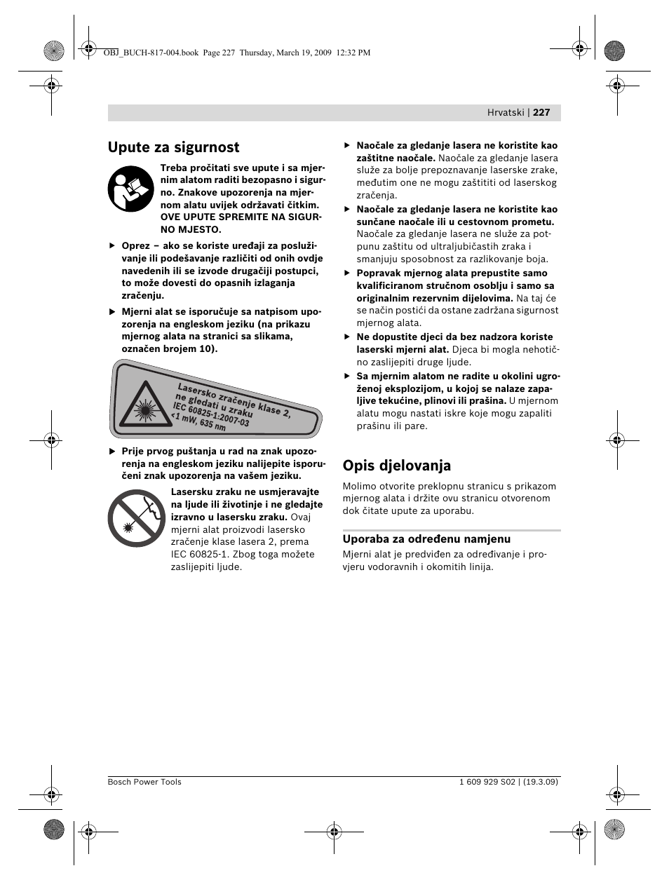 Upute za sigurnost, Opis djelovanja | Bosch GLL 2-50 Professional User Manual | Page 227 / 333