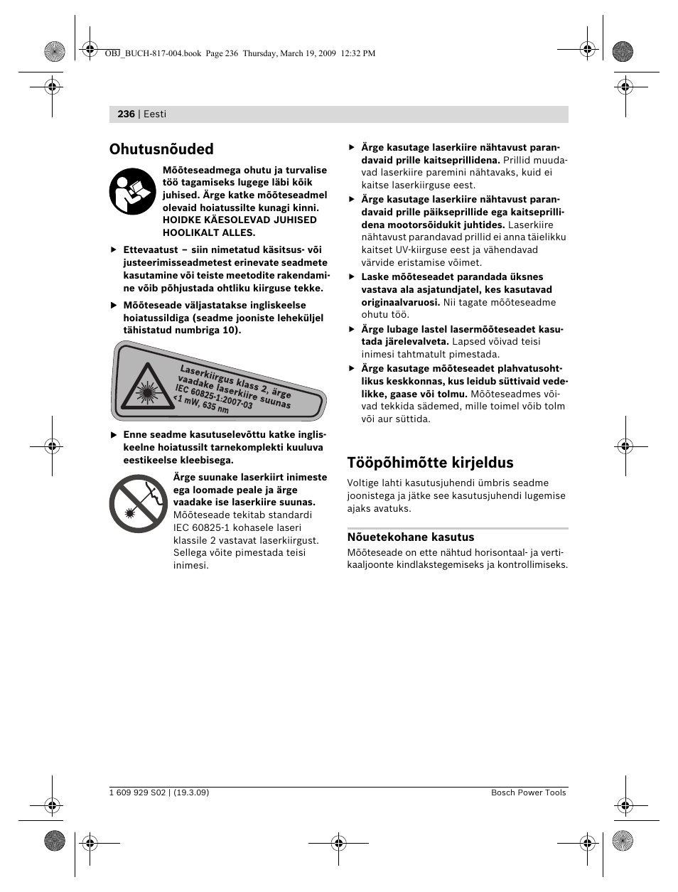 Ohutusnõuded, Tööpõhimõtte kirjeldus | Bosch GLL 2-50 Professional User Manual | Page 236 / 333