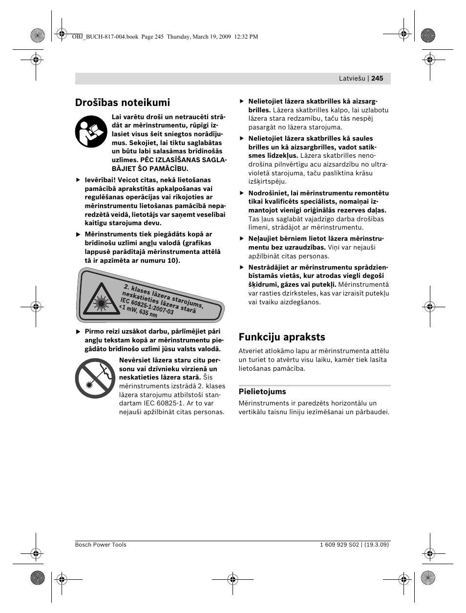 Funkciju apraksts | Bosch GLL 2-50 Professional User Manual | Page 245 / 333