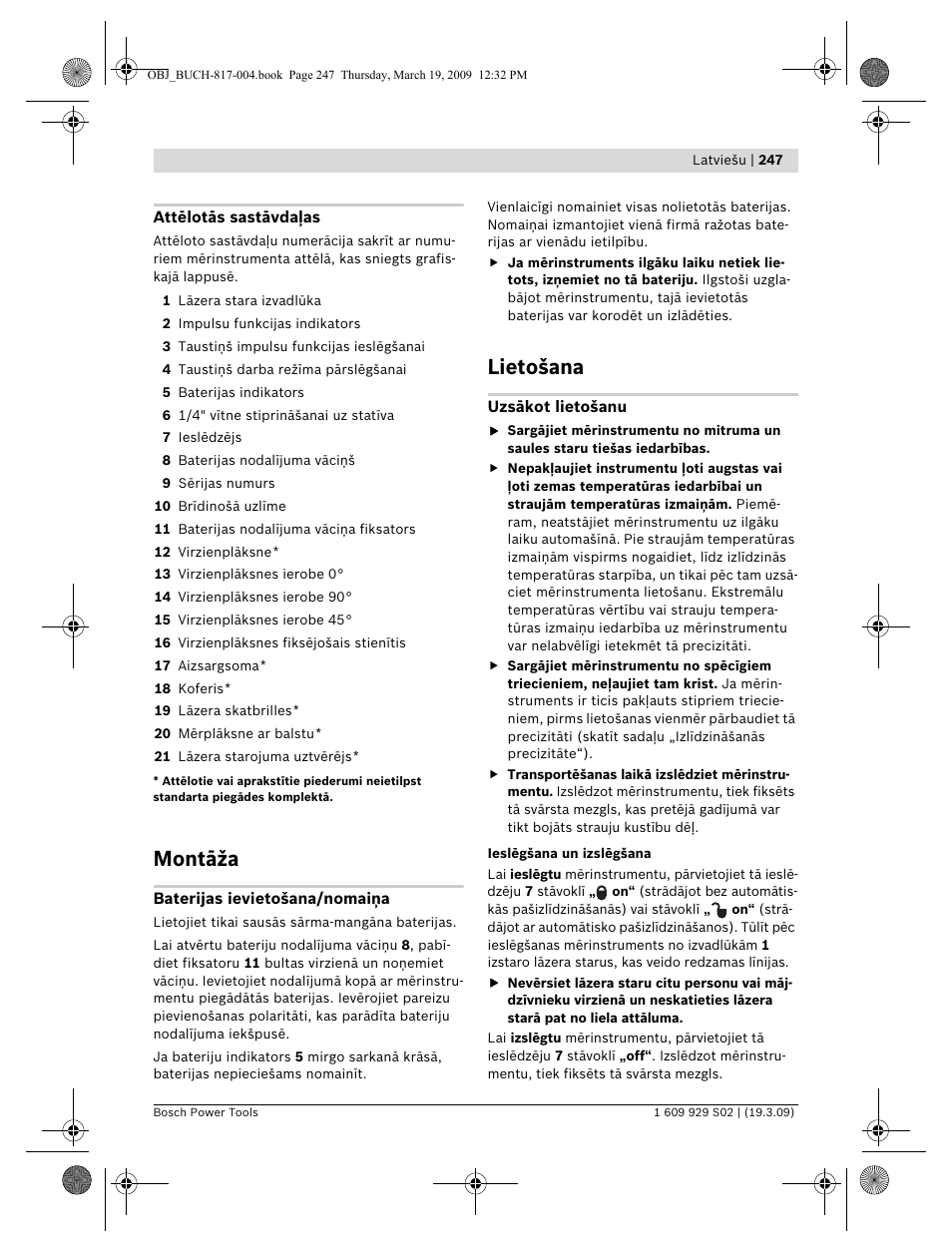 Montāža, Lietošana | Bosch GLL 2-50 Professional User Manual | Page 247 / 333