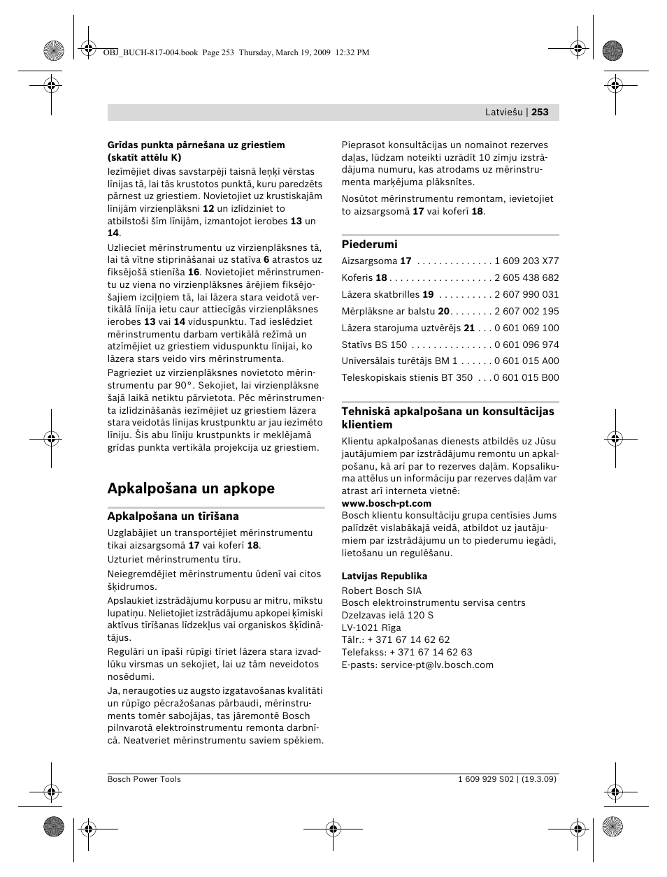 Apkalpošana un apkope | Bosch GLL 2-50 Professional User Manual | Page 253 / 333