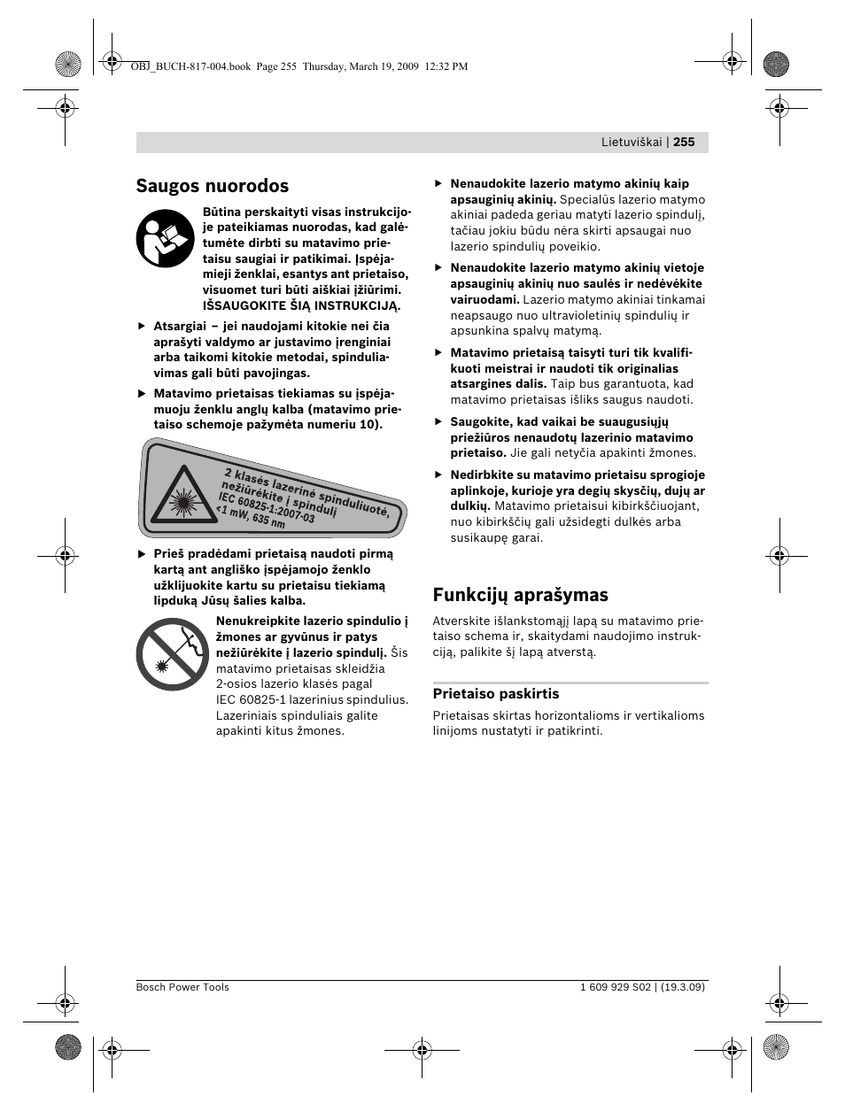 Saugos nuorodos, Funkcijų aprašymas | Bosch GLL 2-50 Professional User Manual | Page 255 / 333