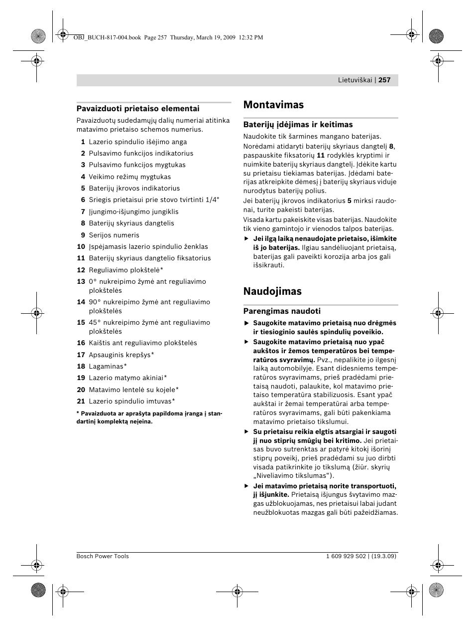 Montavimas, Naudojimas | Bosch GLL 2-50 Professional User Manual | Page 257 / 333