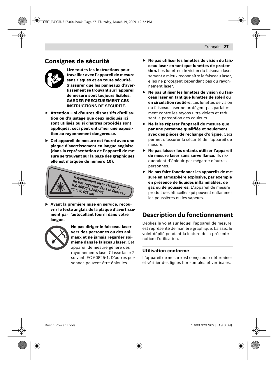 Consignes de sécurité, Description du fonctionnement | Bosch GLL 2-50 Professional User Manual | Page 27 / 333