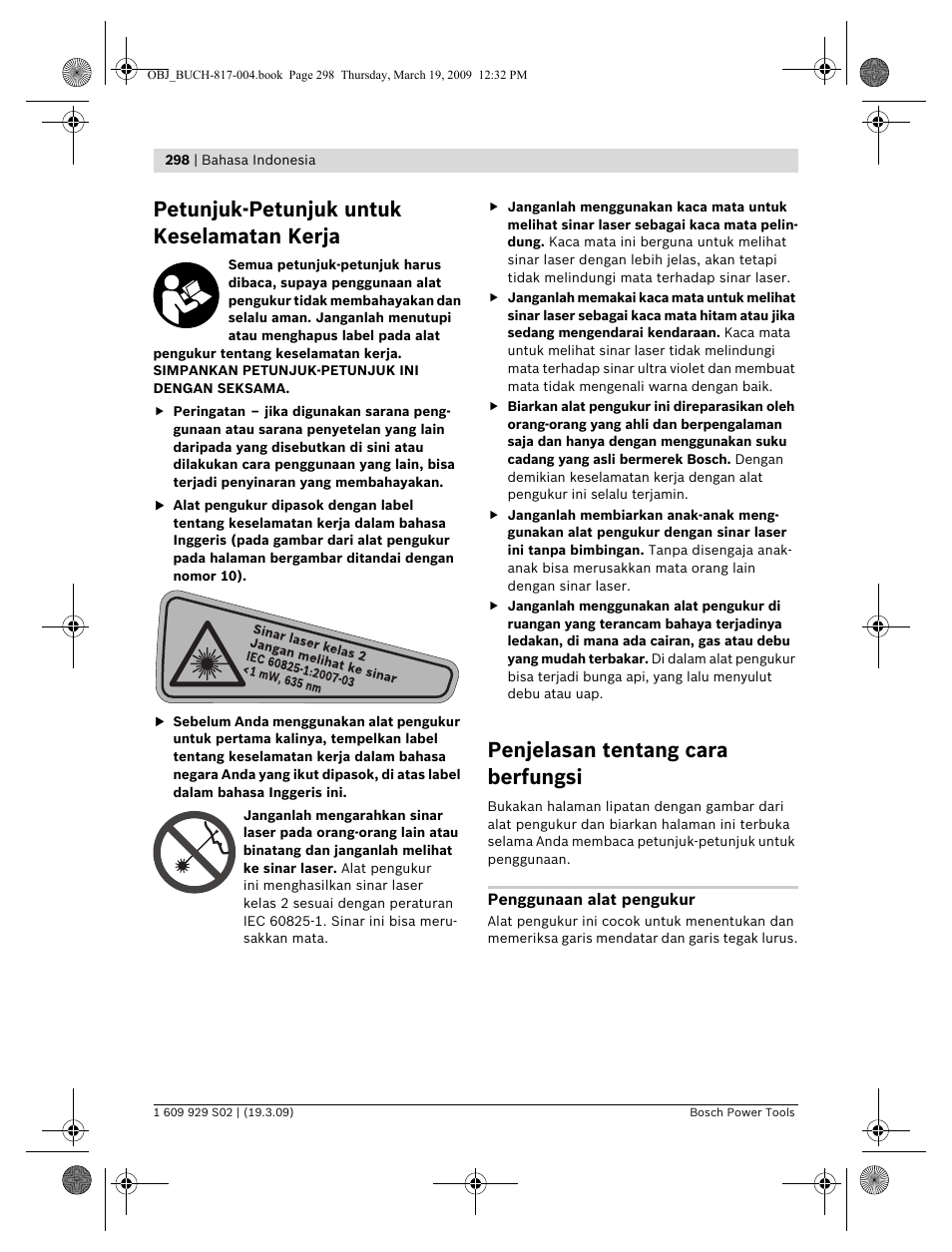 Petunjuk-petunjuk untuk keselamatan kerja, Penjelasan tentang cara berfungsi | Bosch GLL 2-50 Professional User Manual | Page 298 / 333