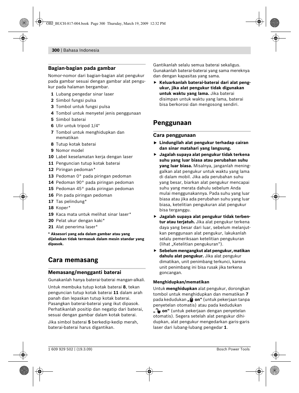 Cara memasang, Penggunaan | Bosch GLL 2-50 Professional User Manual | Page 300 / 333