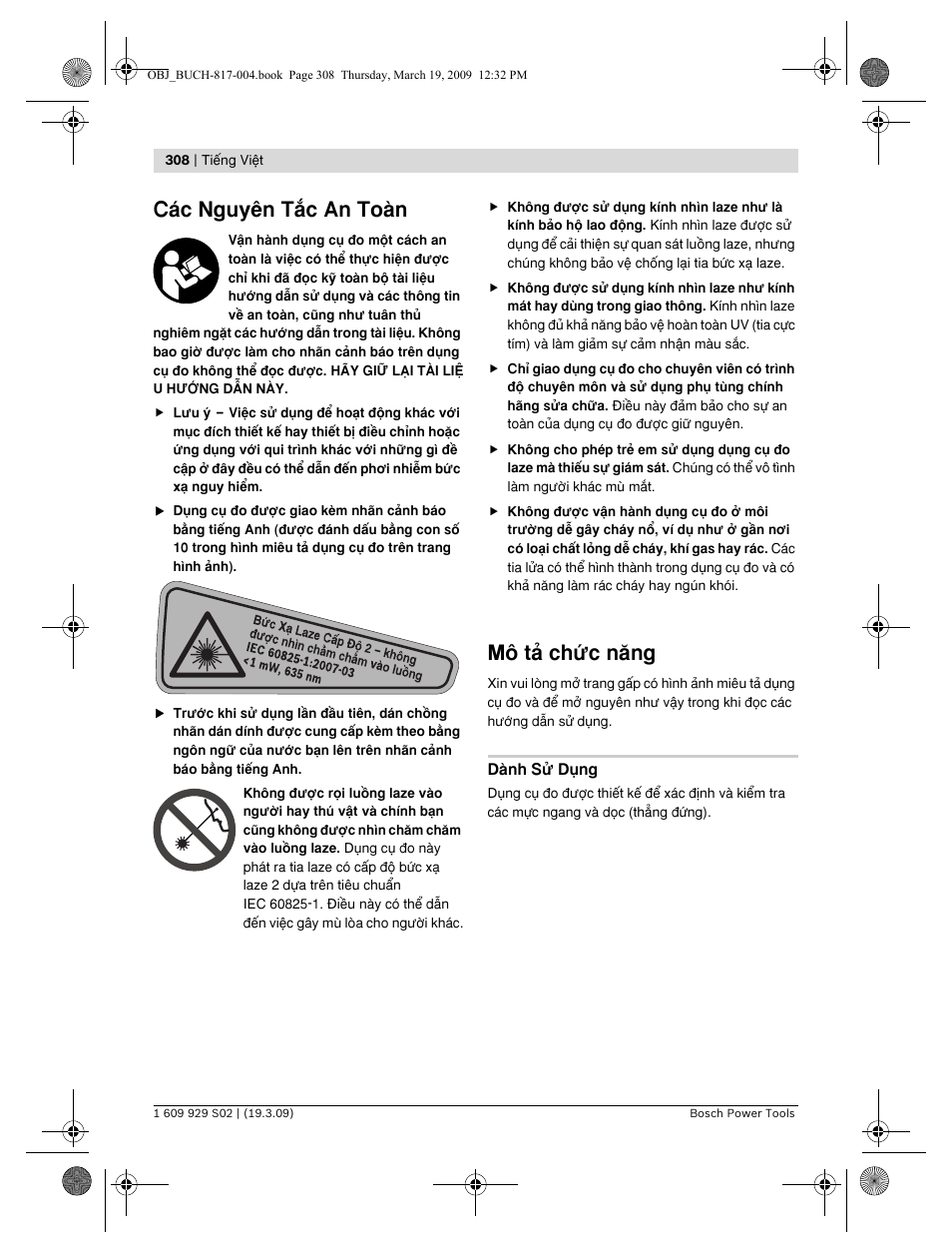 C¯c nguy›n täc an toμn, Mä tω chöc næng | Bosch GLL 2-50 Professional User Manual | Page 308 / 333